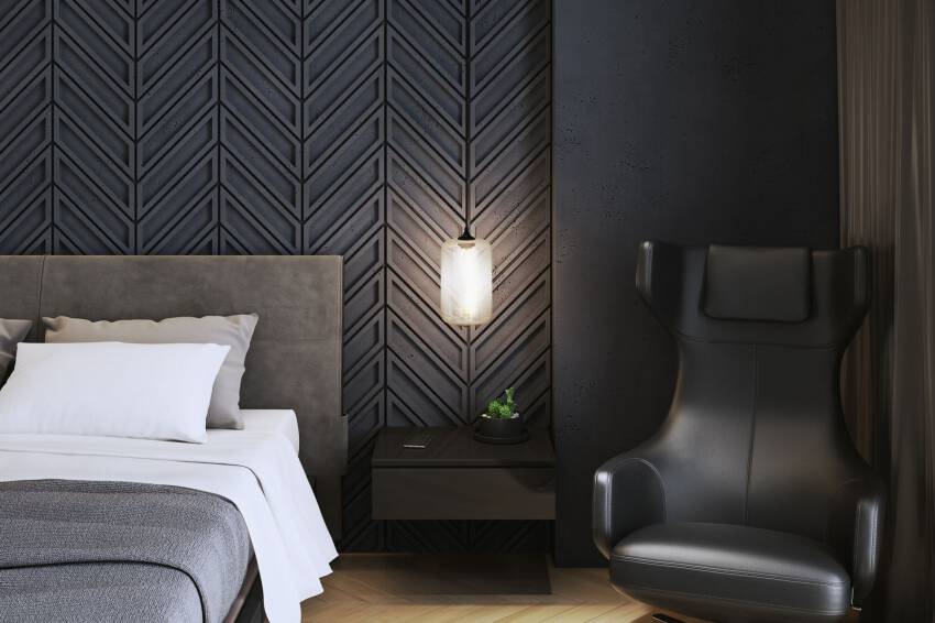 Wzór Regular Z. Elegancka dekoracja ścienna z płyt betonowych jodełka w sypialni.